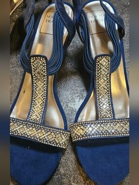 Women's Navy Blue Embellished T-Strap Dress Sandals